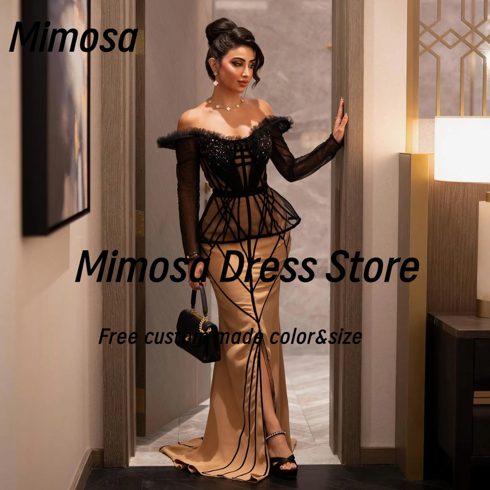 

Mimosa Contrast Color Prom Dresses Ruched Beaded Long Sleeves Evening Gowns Front Slit Bespoke Occasion Party Dress Customized