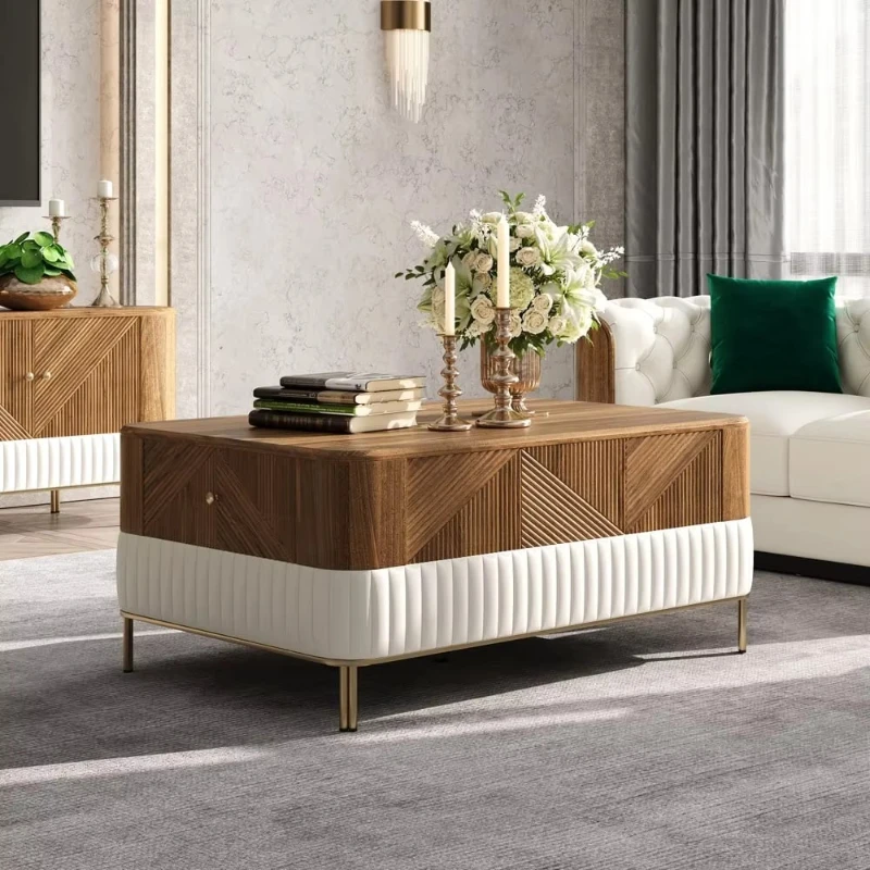 

Modern living room finishing rectangular coffee table walnut white center table with 2 storage drawers