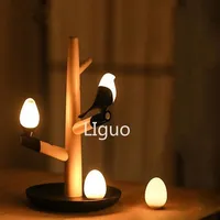 GZMJ Chinese Style Lucky Bird LED Night Table Lamp Wood Base Intelligent Motion Sensor Gift Living Room Bedroom Desk Light