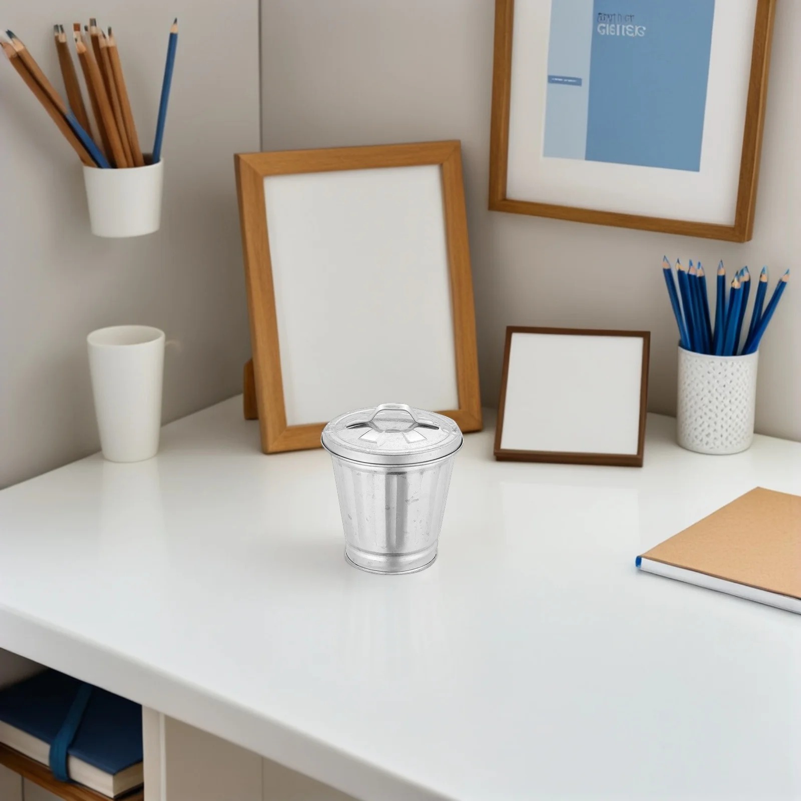 

3pcs Desktop Trash Can Flowerpots 9.50X9.00X9.00Cm Mini Metal Waste Container Lid Tabletop Storage Holder For Home Office Dorm