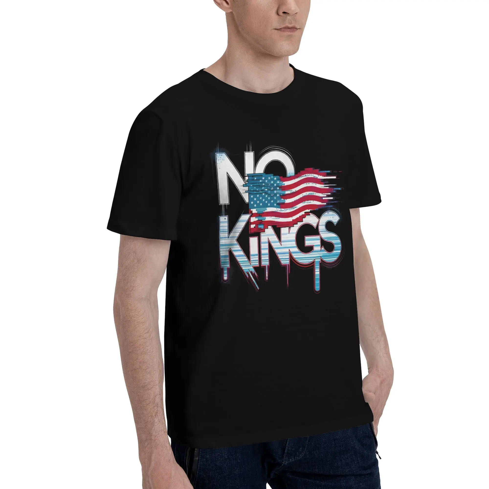 Protest Glitch American Flag Graphic, Anti Authoritarian Freedom  Funny Graphic 100% Cotton T-Shirt No Kings Tees Tops For Men