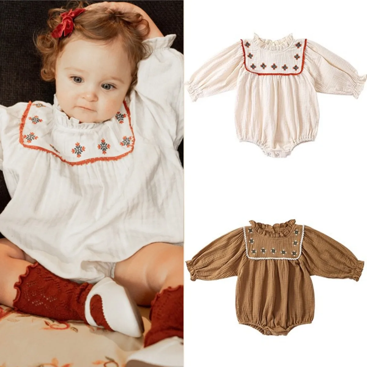 

Ruffle Cute Baby Romper Infant Vintage Floral Long Sleeve Jumpsuit Newborn Infant Baby Girl Sweet Clothes