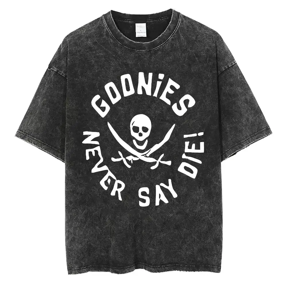 غسلها خمر The Goonies Never Say يموت غطاء الجرافيك تي شيرت الهيكل العظمي موضة المتضخم التي شيرت الرجال مضحك 90s فيلم الشارع الشهير