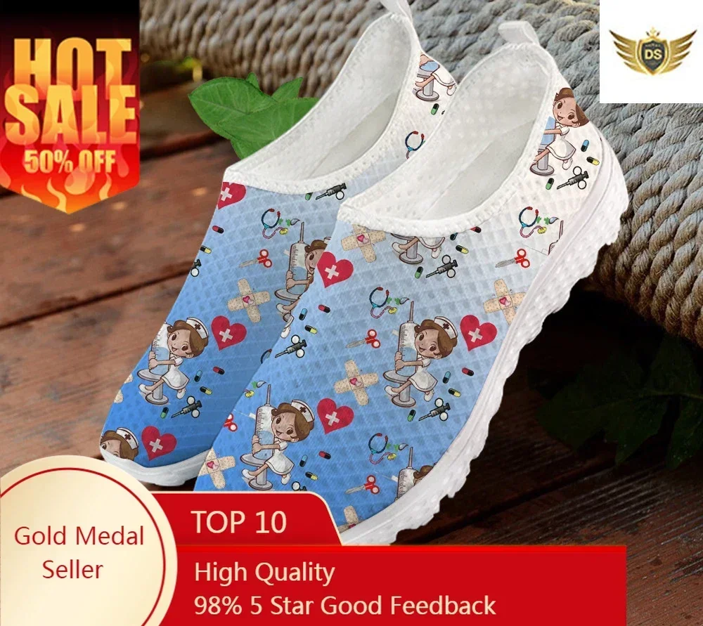 

Woman Slip On Sneakers Cute Cartoon Nurse/Doctor/Hospital Print Mesh Nursing Shoes for Women's Lightweight Loafers
