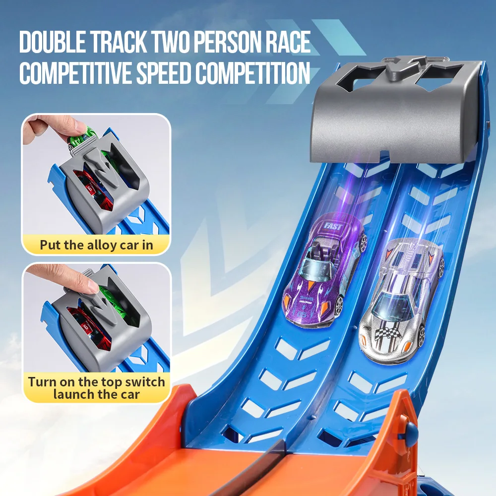 Zabawka - ciężarówka z torami dla dinozaurów, bez baterii, wyposażona w 6 metalowych samochodzików wyścigowych, na Boże Narodzenie, prezenty urodzinowe dla dzieci