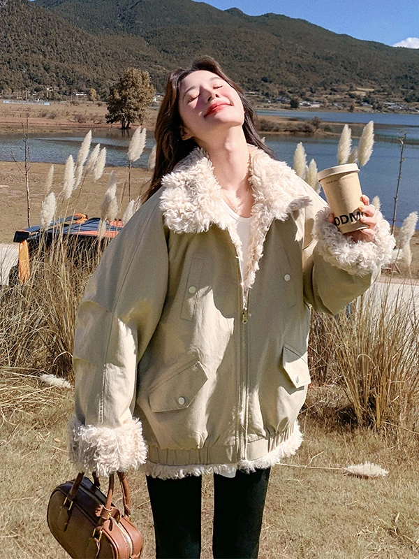 

Утепленная женская куртка на молнии, теплая повседневная зимняя куртка укороченной длины с модным воротником из овечьей шерсти, рабочая одежда