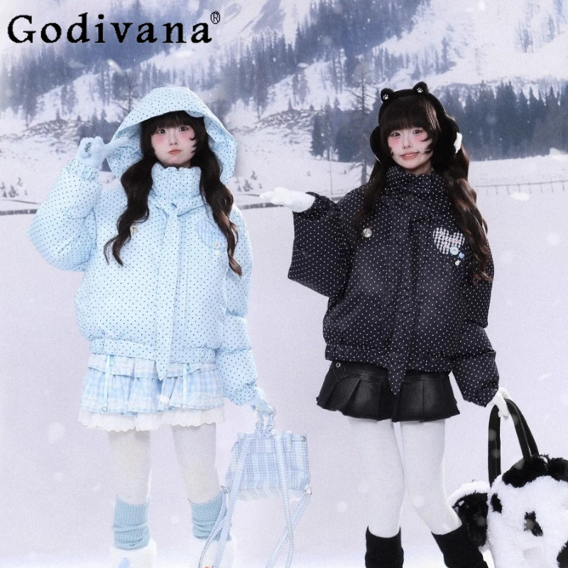 

Polka Dot Heart Embroidery Thickened Parkas Women Long Sleeve Hooded Cotton Jacket Female Winter Sweet Cotton Parkas Coat