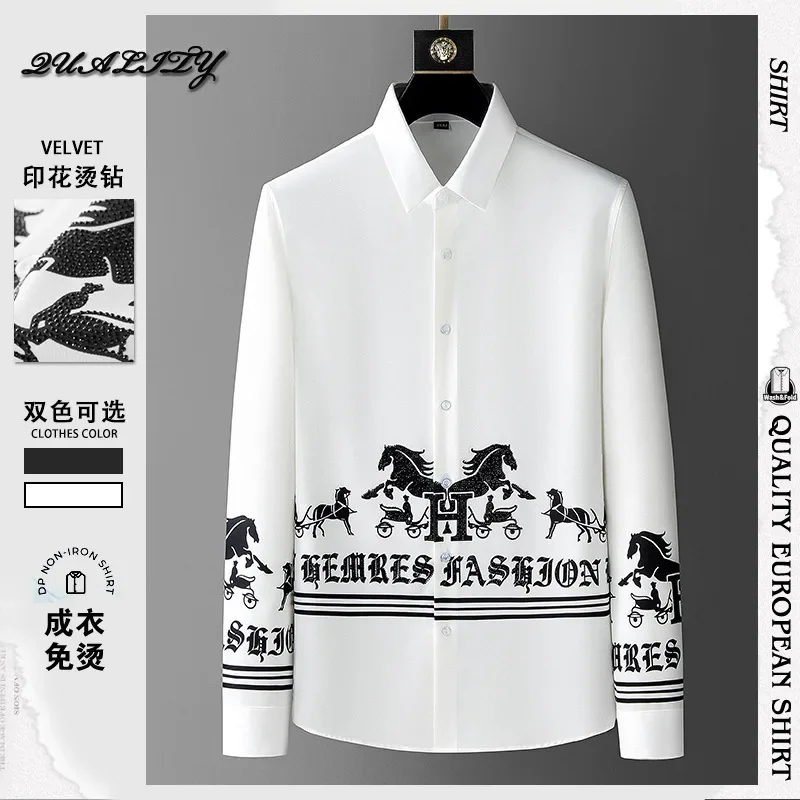 2024 Spring European Men's Shirts Heavy Crafted Hot Diamond Printed Shirts Trend Cross border Amazon Shirts