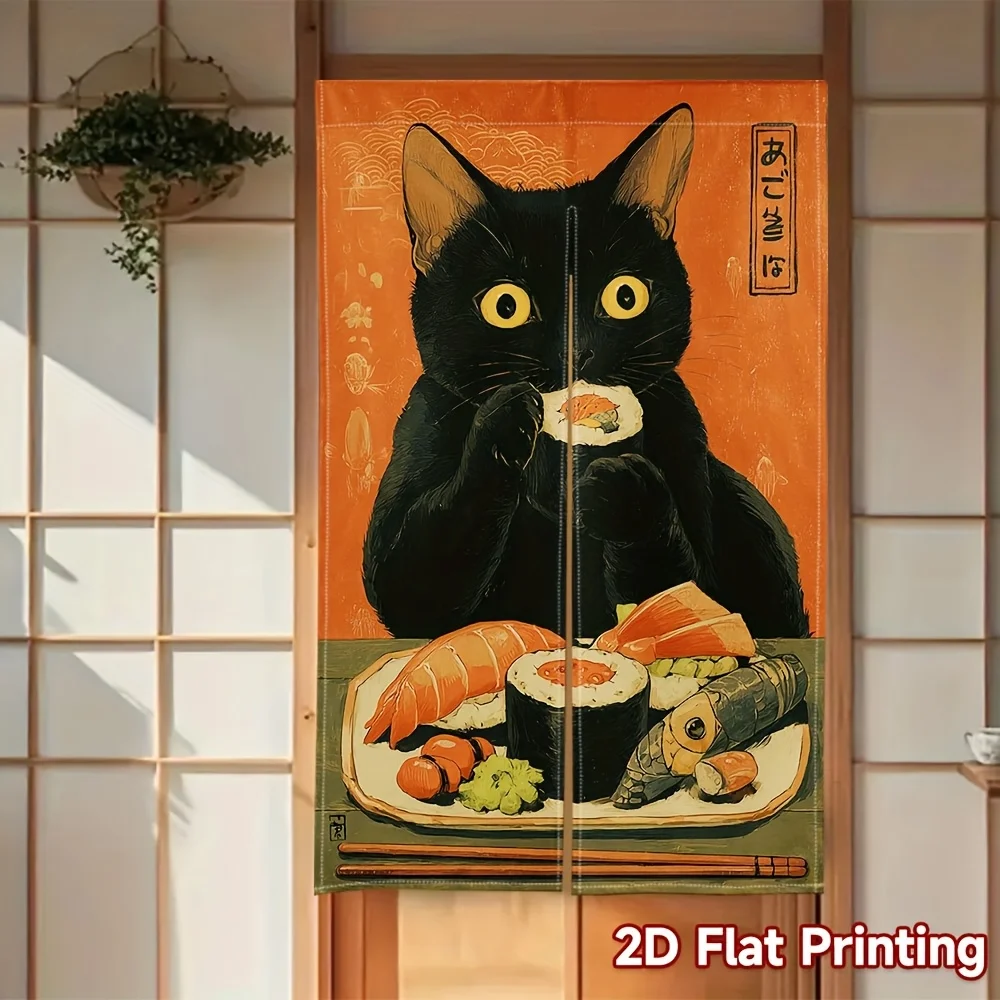 Black Cat Sushi Noren Curtain – Cute Cat Eating Sushi, Orange Background, Japanese Style for Living Room or Bedroom Decor
