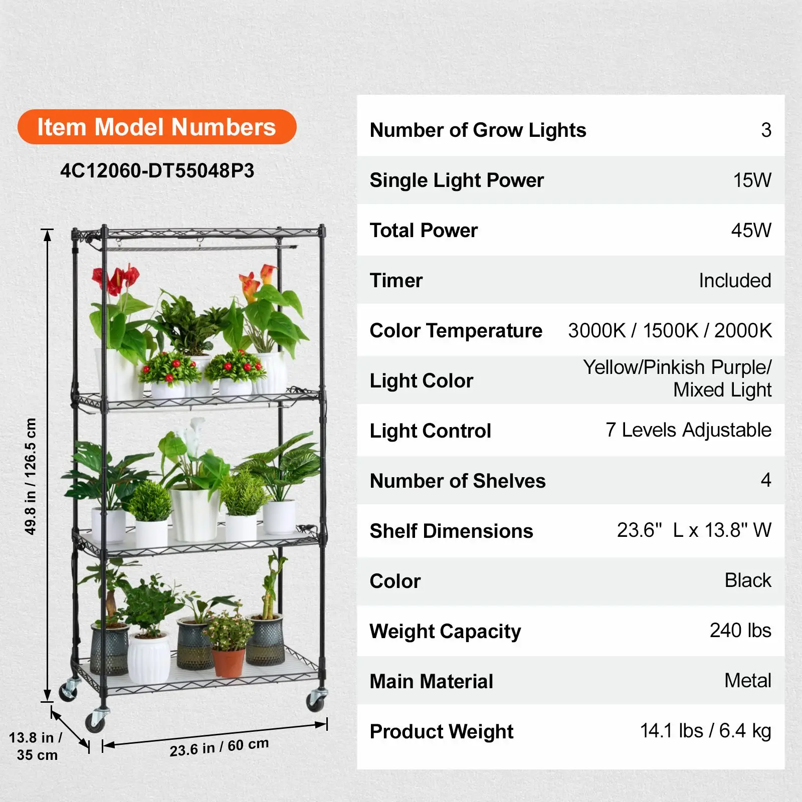 Plant Stand with Grow Light, 4-Tier Plant Shelf with 45W Full Spectrum Grow Light, 3 Mode Plant Light with Timer and Wheel for Seed Starting, Metal Grow Light Shelf for Indoor Plants