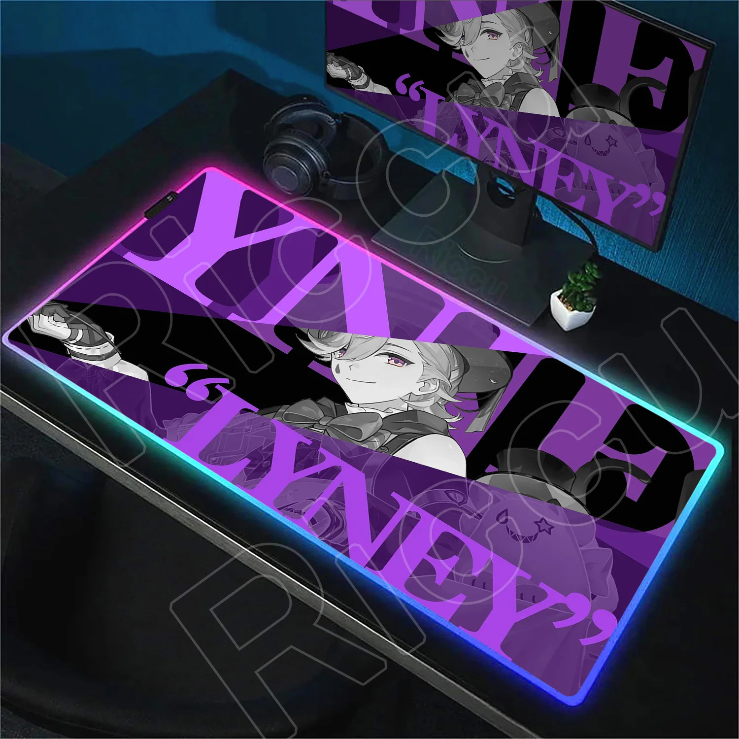 لوحة ماوس كبيرة ملونة بإضاءة LED Genshin Impact RGB لوحة ماوس ألعاب جديدة من Lyney Deskmat ملحقات ألعاب سجادة PC مع إضاءة خلفية