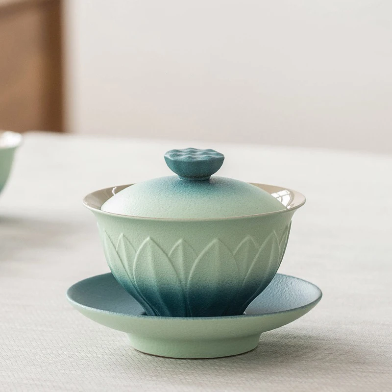 

Luxury Lotus Flower Three-Talent Covered Bowl Tea Cup Ceramic Home Anti-Scald Single Tea Brewing Bowl High-End Gongfu Tea Set