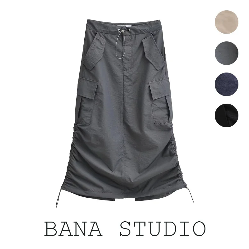 BANA American Style Hot Girl Grey Drawstring Pocket Workwear Midi Skirt Women's Retro High Waist A-Line Skirt Street Style