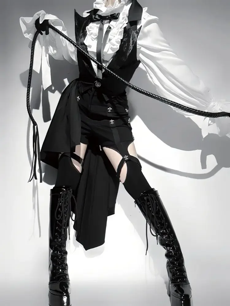 النساء 3 قطعة مجموعات السراويل وتتسابق الوقوف الرقبة البلوزات البيضاء الدانتيل المرقعة السراويل القوطي غير النظامية سترة بدلة معطف شيك اليابانية مجموعة