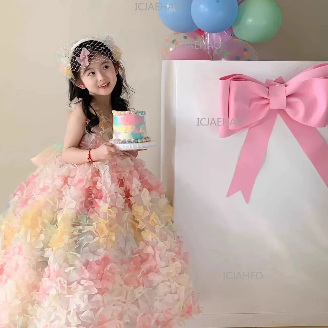 Gown High End Puffy Cake Skirt  Girl Host Piano Girls Performance OutfitGirls Princess Dress Rainbow Floral Kids Birthday