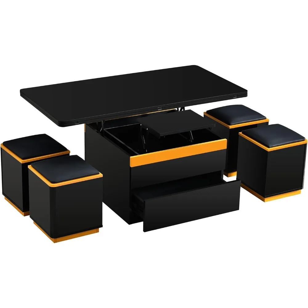 Customized.47.2" Lift-Top Coffee Table with Hidden Storage, Multi-Function Convertible Center Table with 4 Stools & Drawers,