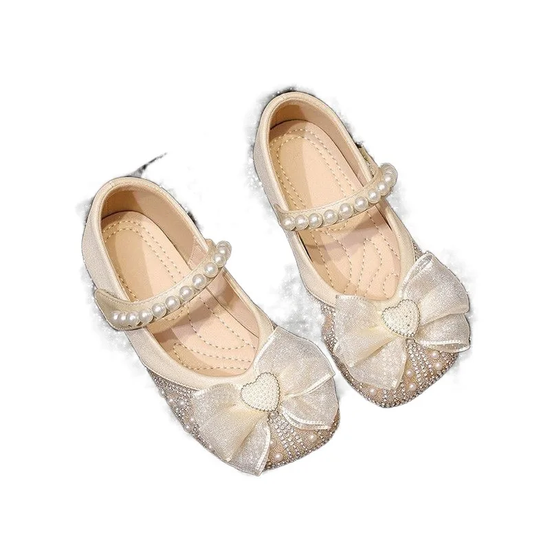 New Girls Leather Shoes Children Crystal Bow Party Dance Princess Dress Soft Sole Flats Toddler Baby Casual Moccasins Kids