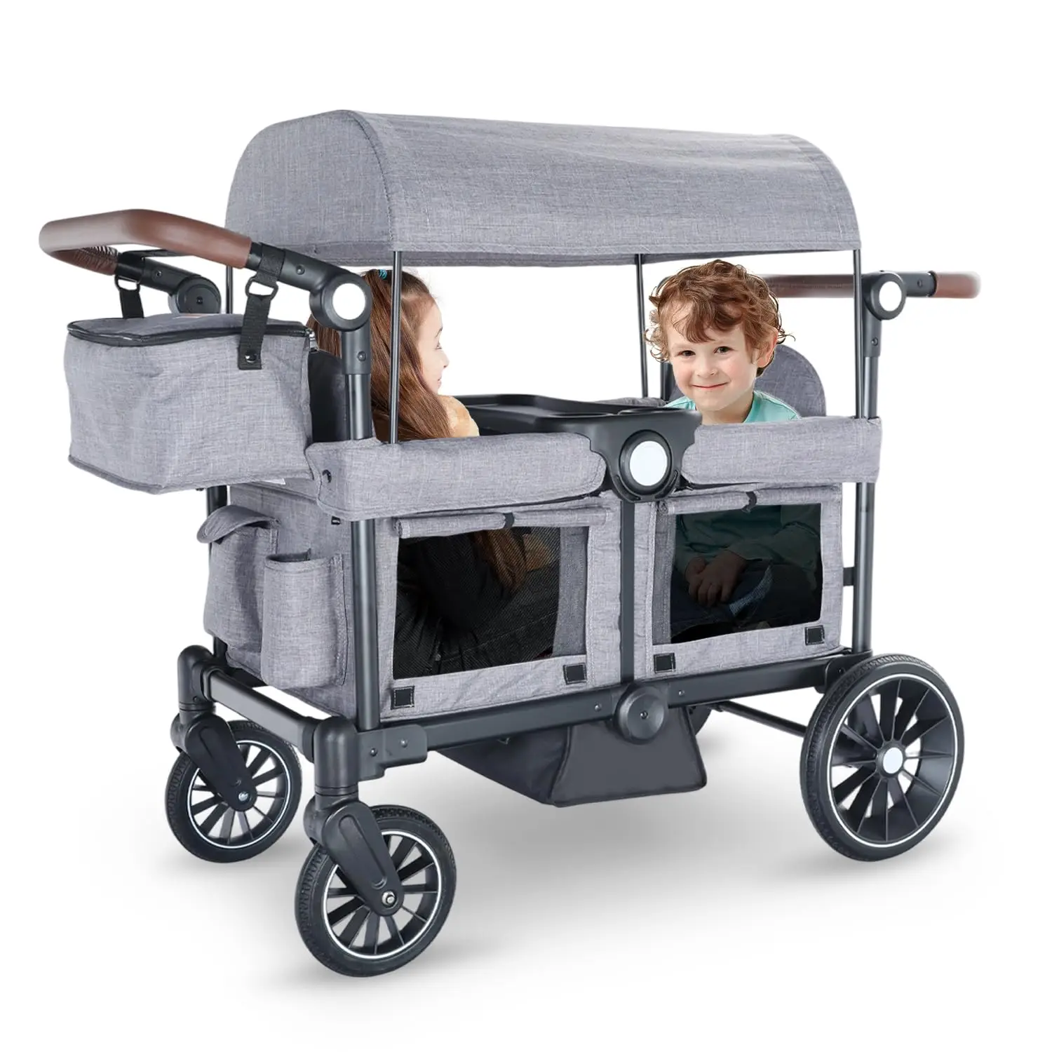 

All-Terrain Folding Wagon Stroller for Two Kids, Removable Canopy, Adjustable Handle, Shock-Absorbing Wheels, Gray