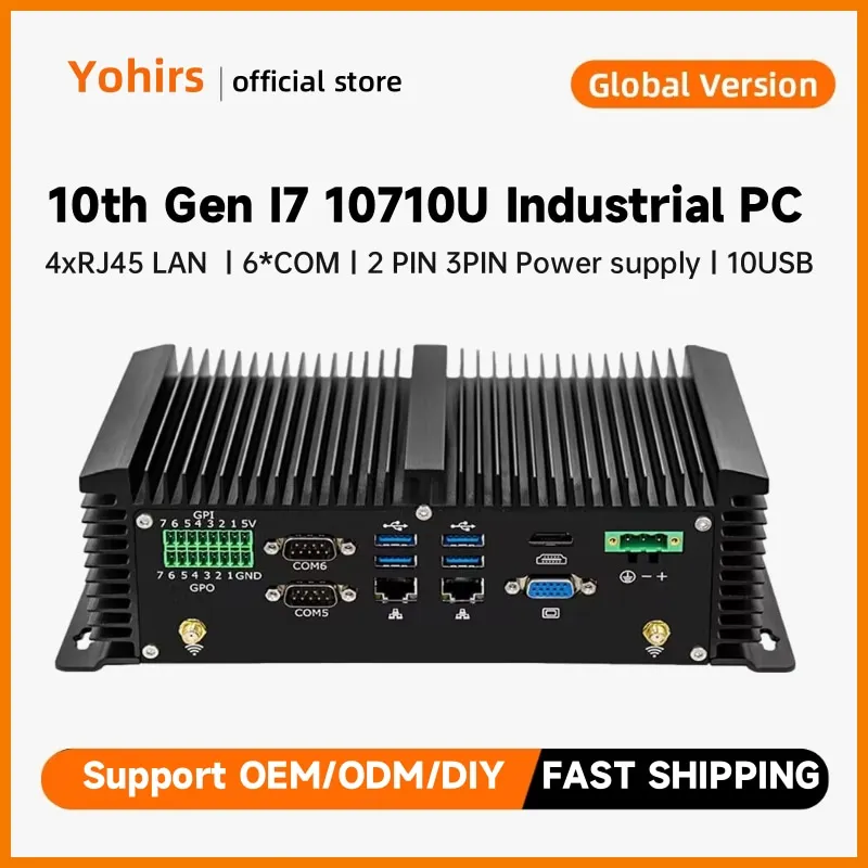 Industrial Fanless Mini PC Intel i7 10610U i5 10210U Rugged Computer 10*USB 6*COM HDMI VGA 14*GPIO 4*RJ45 LAN 4G SIM WIFI