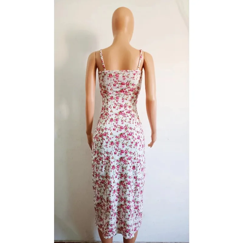 夏の女性用ホワイトベースピンク花柄スパゲッティストラップミディ丈イブニングドレスレーストリムサイドスリットスリムフィットセクシーエレガントバケーションドレス