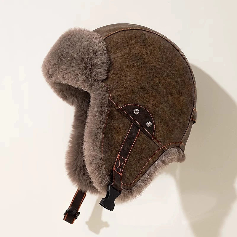 Vintage Lei Feng Hut für Männer Motorrad Pu Leder Hut Verdickte Winter Gehörschutz Hut Winter Warm Radfahren Winddicht Hut – Detail 3