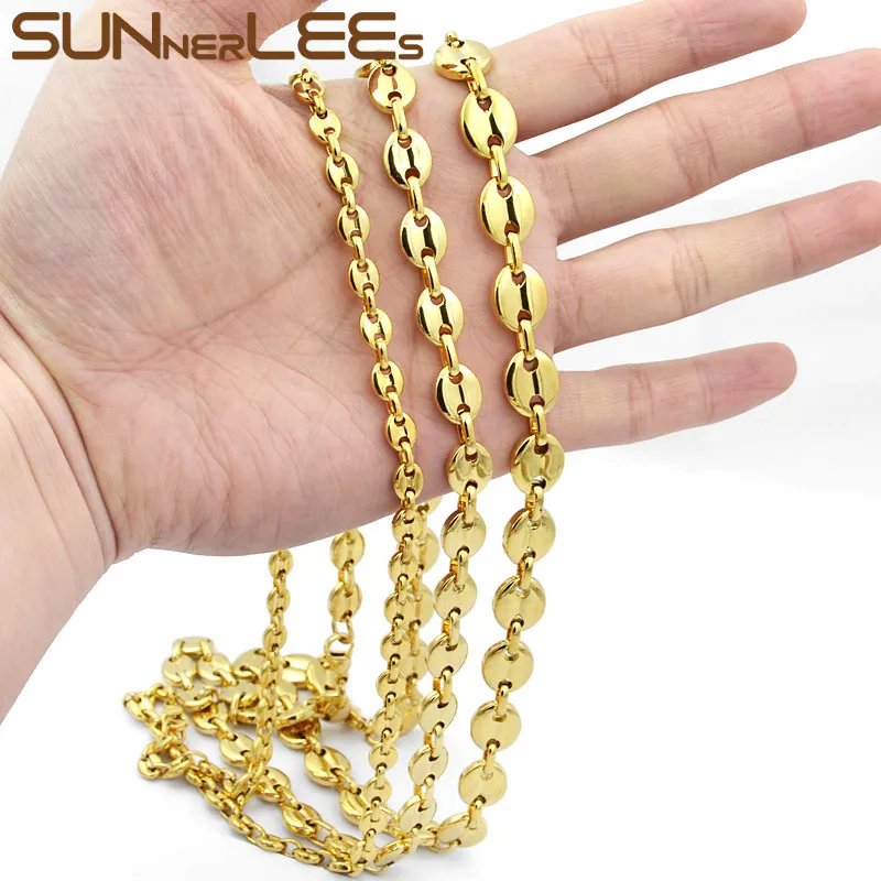 SUNNERLEES 316L Stainless Steel Necklace 5~11mm Coffee Beans Link Chain Gold Black Silver Color Men Women Jewelry Gift SC13