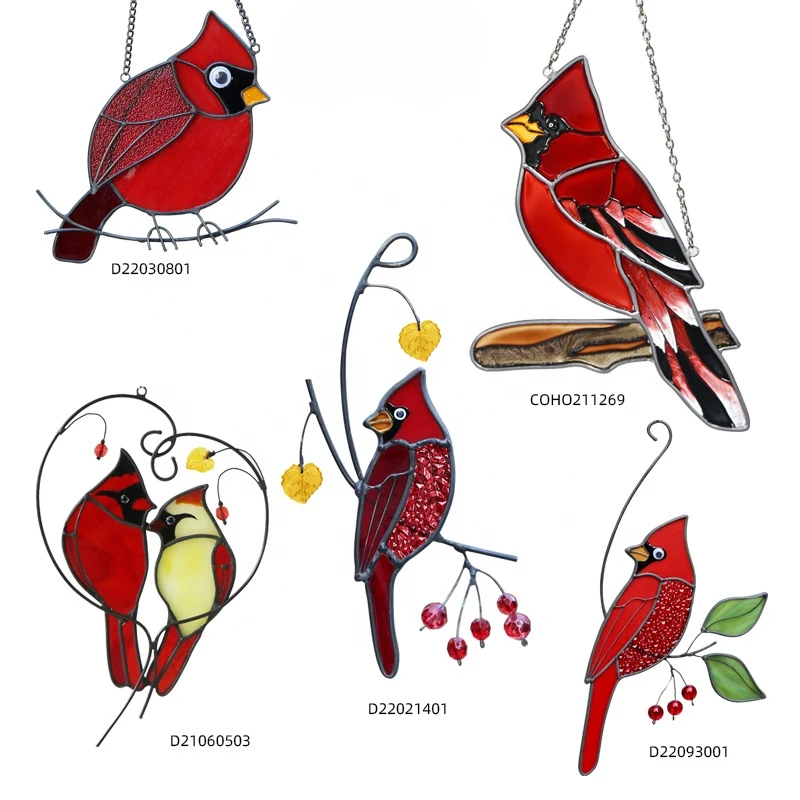 Stained Glass Birds Window Hangings Pair of Cardinal Suncatcher Ornament Handmade pendants decorative objects