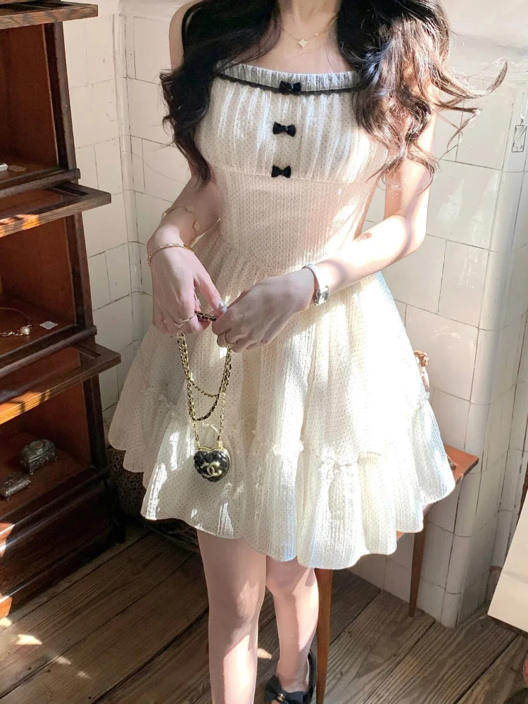 2024 Summer New French Girl Thousand Gold Bow Retro Polka Dot Slim Princess Dress