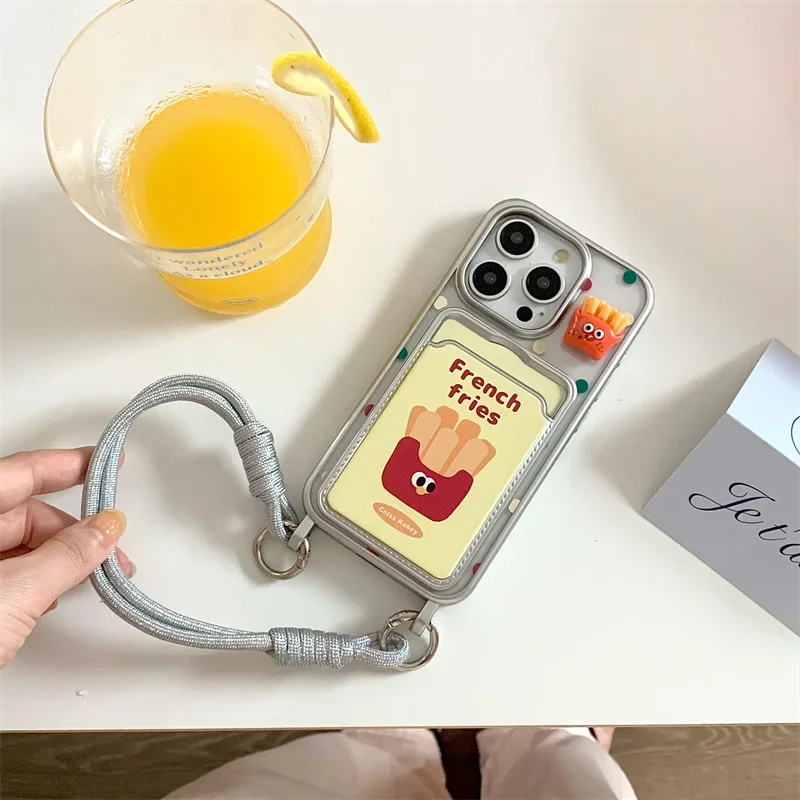 Cute French fries Card Holder Electroplating Phone Case For iPhone 15 Pro 12 14 13 Pro Max 14pro Cover with Hand Strap Cases Fun