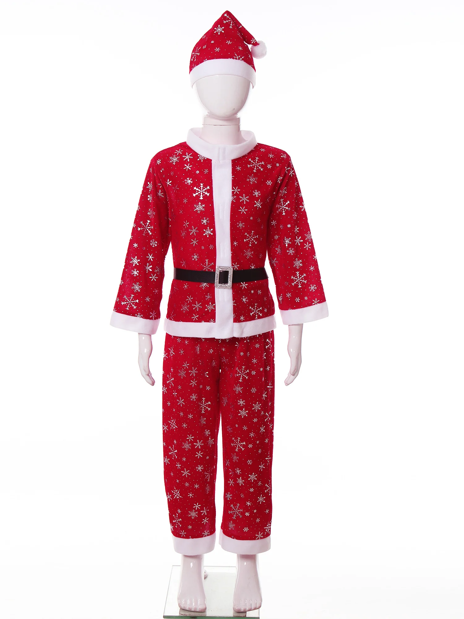 Kids Boys Christmas Santa Claus Cosplay Costume Xmas New Year Party Snowflake Print Outfit Long Sleeve Tops with Pants Belt Hat