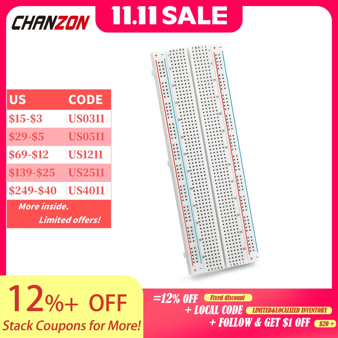 

1pc Solderless Breadboard 830 Tie Points MB 102 Prototype Universal PCB Jumper Test Bread Board for Arduino Proto Raspberry Pi