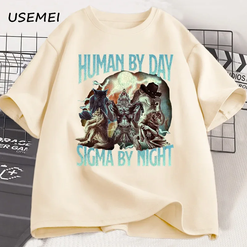 

Men T-shirt Human By Day Sigma By Night Vintage Printed T Shirt Funny Werewolf Alpha Male Tshirt Casual Cotton Tees Clothing