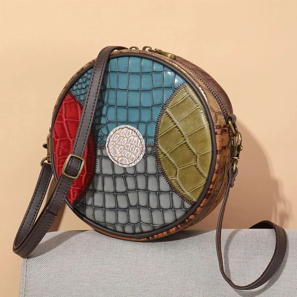 Modna, patchworka Mini skórzane torby damskie okrągły wzór torba damska torba na ramię z prawdziwej skóry małe torby typu Crossbody