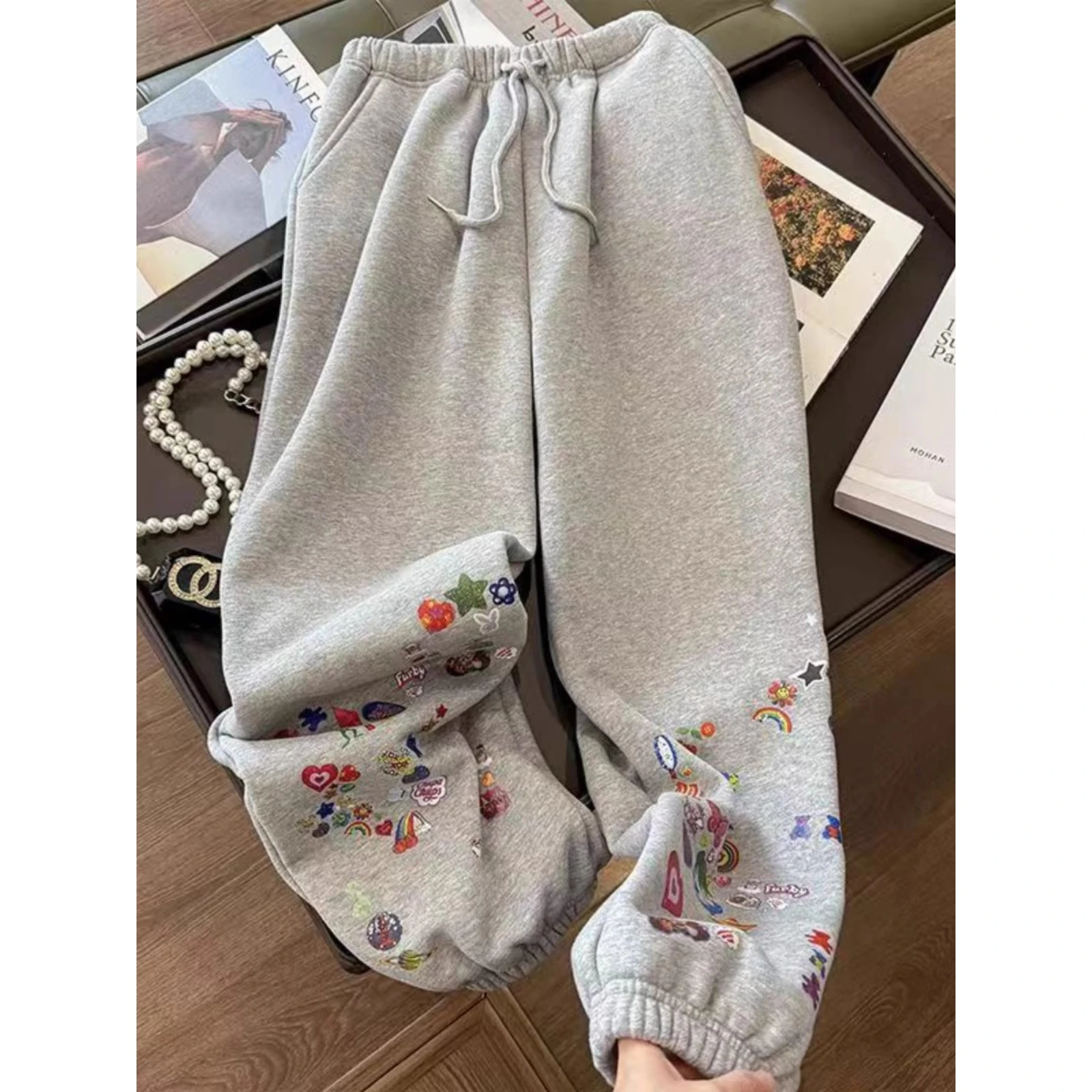 

Large Size 300 Pou Cartoon Print Casual Pants Men's Spring Autumn Thin Loose Cuffed Trendy Youth Polyester Fiber