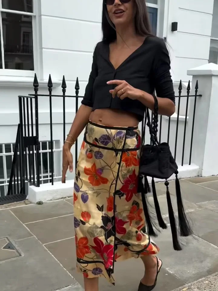 Women Floral Print Wrap Midi Skirt Contrast Piping High Waist Irregular Hem Straight Skirt