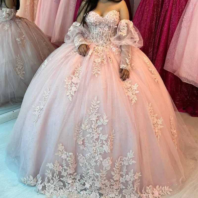 Light Pink Shiny Ball Gown Quinceanera Dresses Applique Lace Beads Tull Birthday Party Dress Sweet 16 Vestidos De 15 Anos