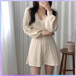 Elegant Lantern Sleeve A-Line Knitted Dresses For Women 2022 Temperament V Neck Twist Pattern Sweater Dress Autumn Winter Robe