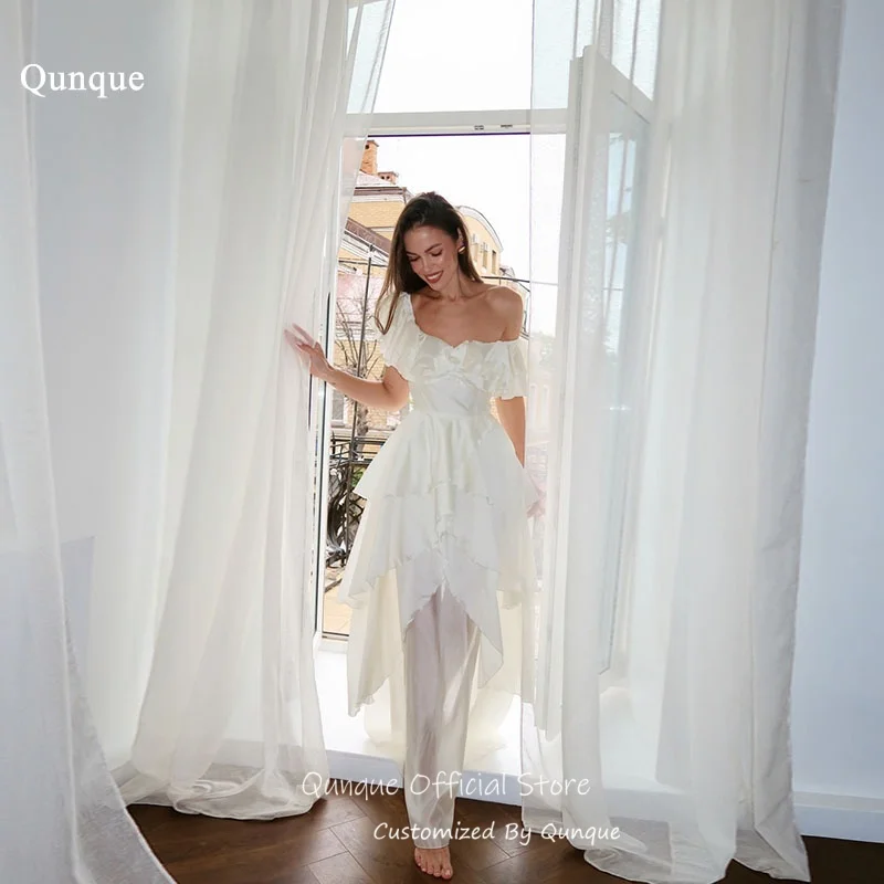 Qunque Asymmetrical Chiffon Off Shoulder Wedding Dresses A Line Bridal Gown Tiered Ruffled Vestido De Novia Boda Customized