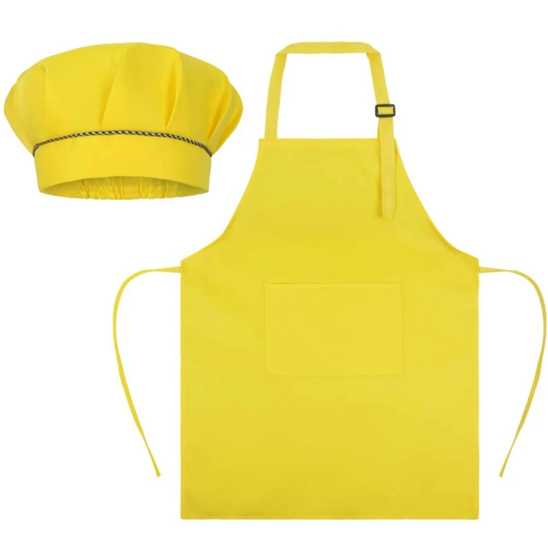 Children Kids Chef Costume Kitchen Mushroom Hat and Apron Set Solid Color Adjustable Bib with Pocket for Cooking Baking