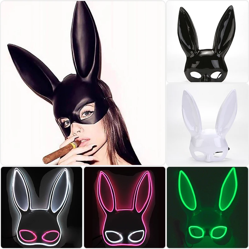 10 Colors LED Glow Carnival Woman Cosplay Masquerade  Bunny Mask neon Cute Long Ears Rabbit masks Party night club bar supplies