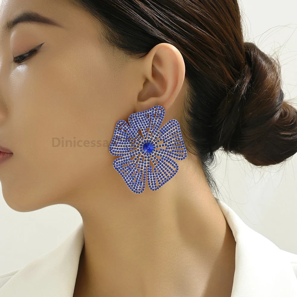 Luxury Design Flower Full Shiny Rhinestone Glamorou Decor Original Bride Wedding Party Jewelry Trend Big Stud Earrings For Women