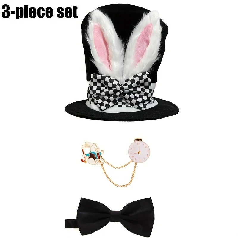 3pcs Set Easter Bunny Costume Plush White Rabbit Top Hat Pocket Watch, Bow Tie for Easter, Halloween Christmas Dress-Up Parties view 3