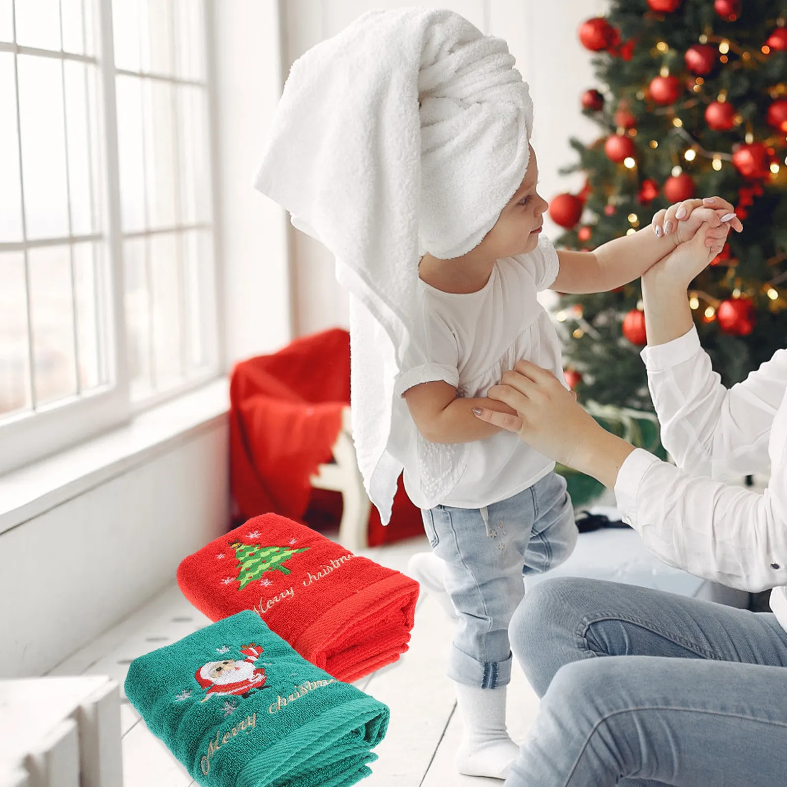 Christmas Cotton Hand Towels Set – 2pcs Soft Embroidered Towels for Sensitive Skin, Holiday Gift & Home Decor
