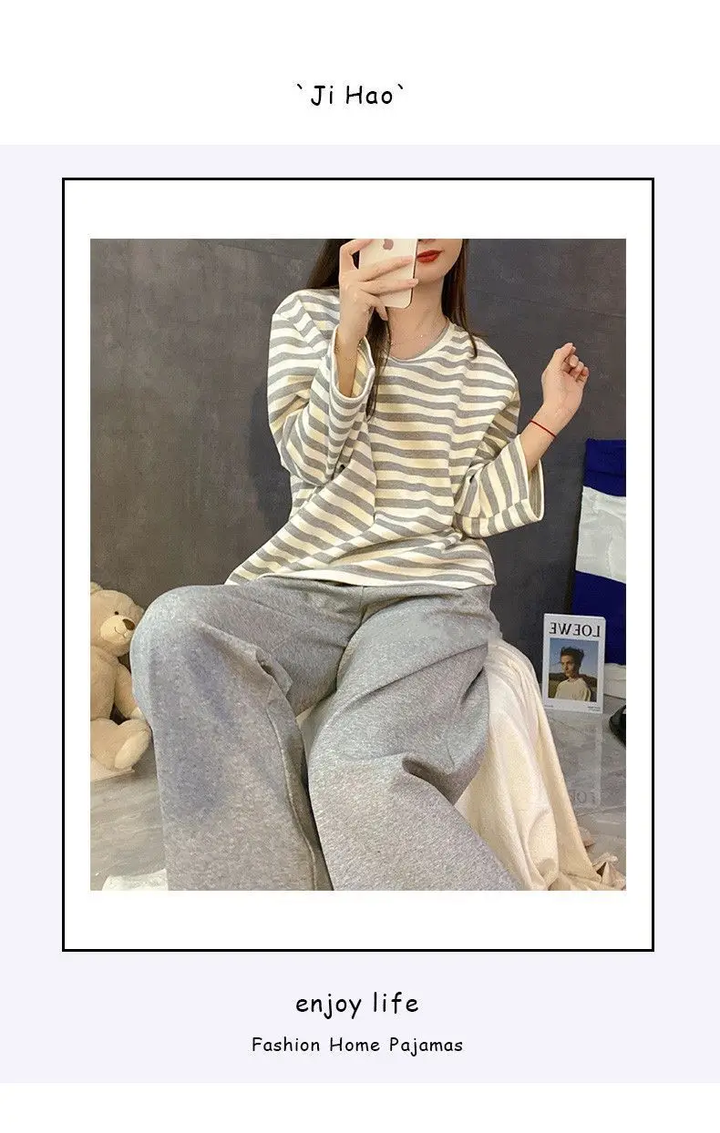 Damen-Herbst-Pyjama mit Brustpolstern, gestreift, langärmelig, Übergröße, O-Ausschnitt, schlicht, lässig, modisch, koreanischer Schulpyjama, Homewear – Detail 5