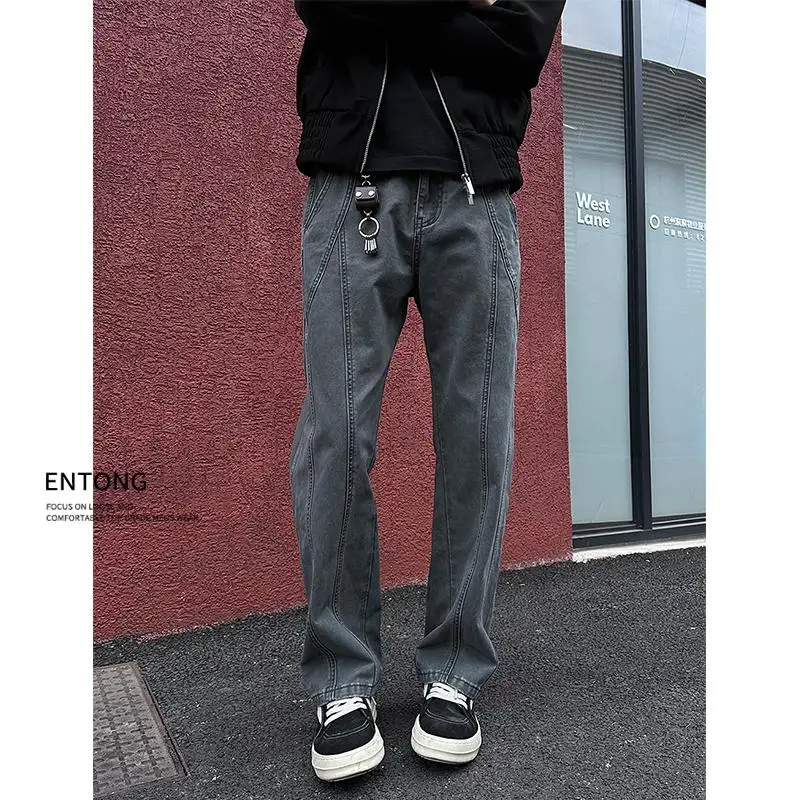 

Entong American Retro Curved Tailoring Deconstructed Jeans Men's High Street Vibe Loose Straight Casual Long Pants