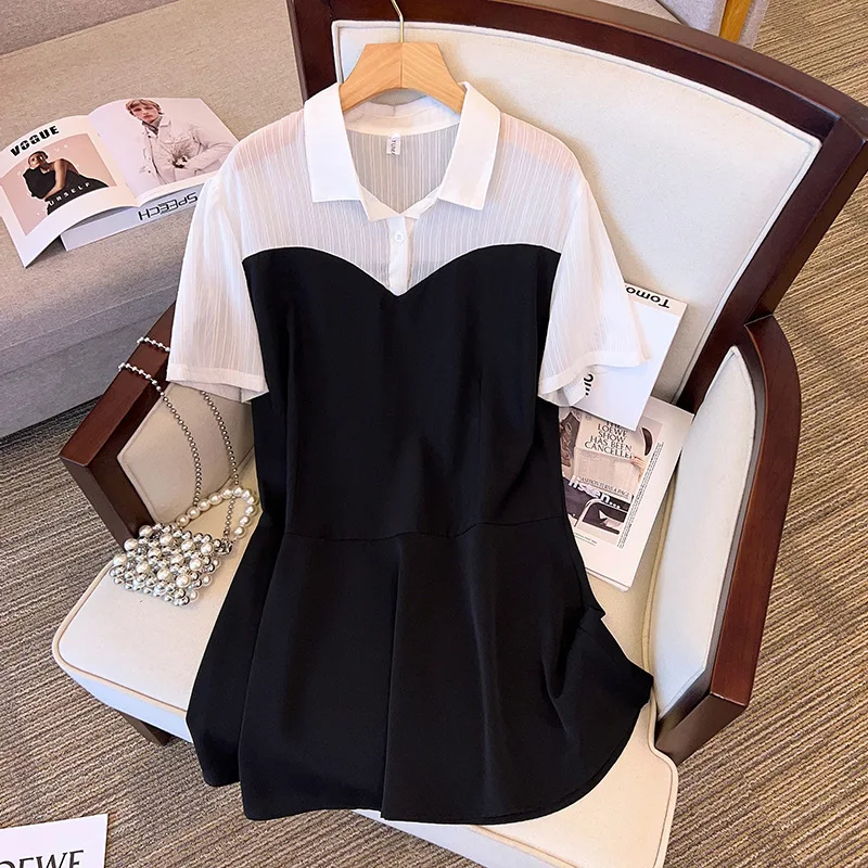 Plus Size 170Kg Women Bust 170 Summer Loose Short Sleeve Irregular Splice Shirt-dress Black 5XL 6XL 7XL 8XL 9XL 10XL