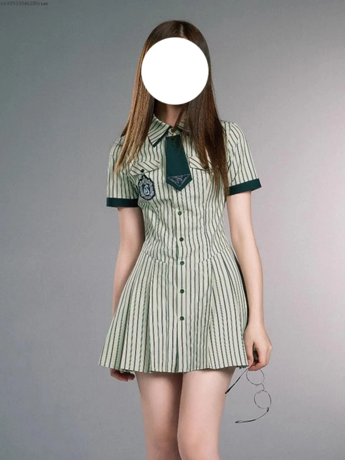 High Waist Pleated Skirt Two-piece Set Women American Preppy Style Green Striped Po lo Neck Short Sleeve Single-breasted Dress