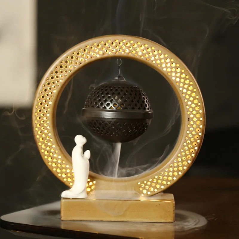 Zen LED Lamp Ring Parrel Ball Incense Coil Backflow Ceramic Home Decor Censer Night Light