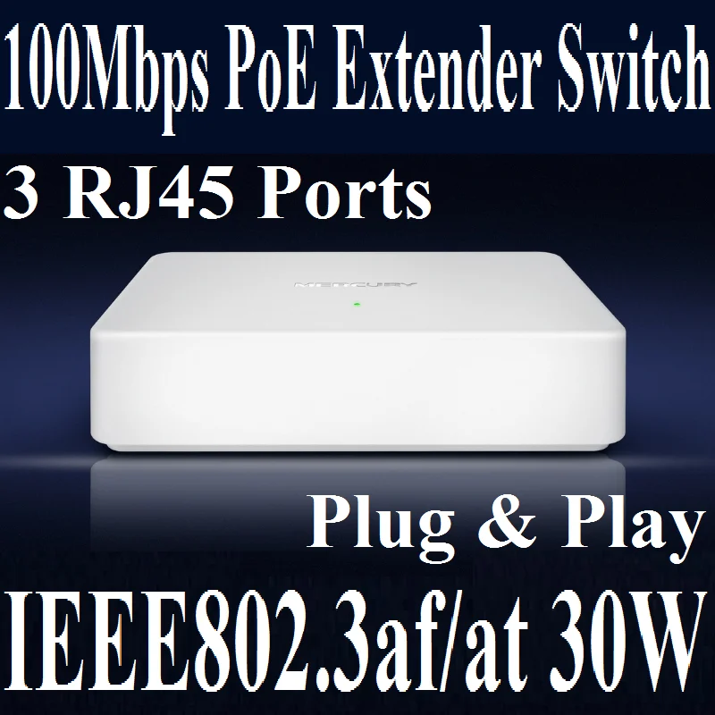 

3 Ports PoE Power Supply Extender, 1 to 2 PoE extended ports, 10/100Mbps Indoor Ethernet PoE Switch Plug&Play IEEE802.3af/at 30W