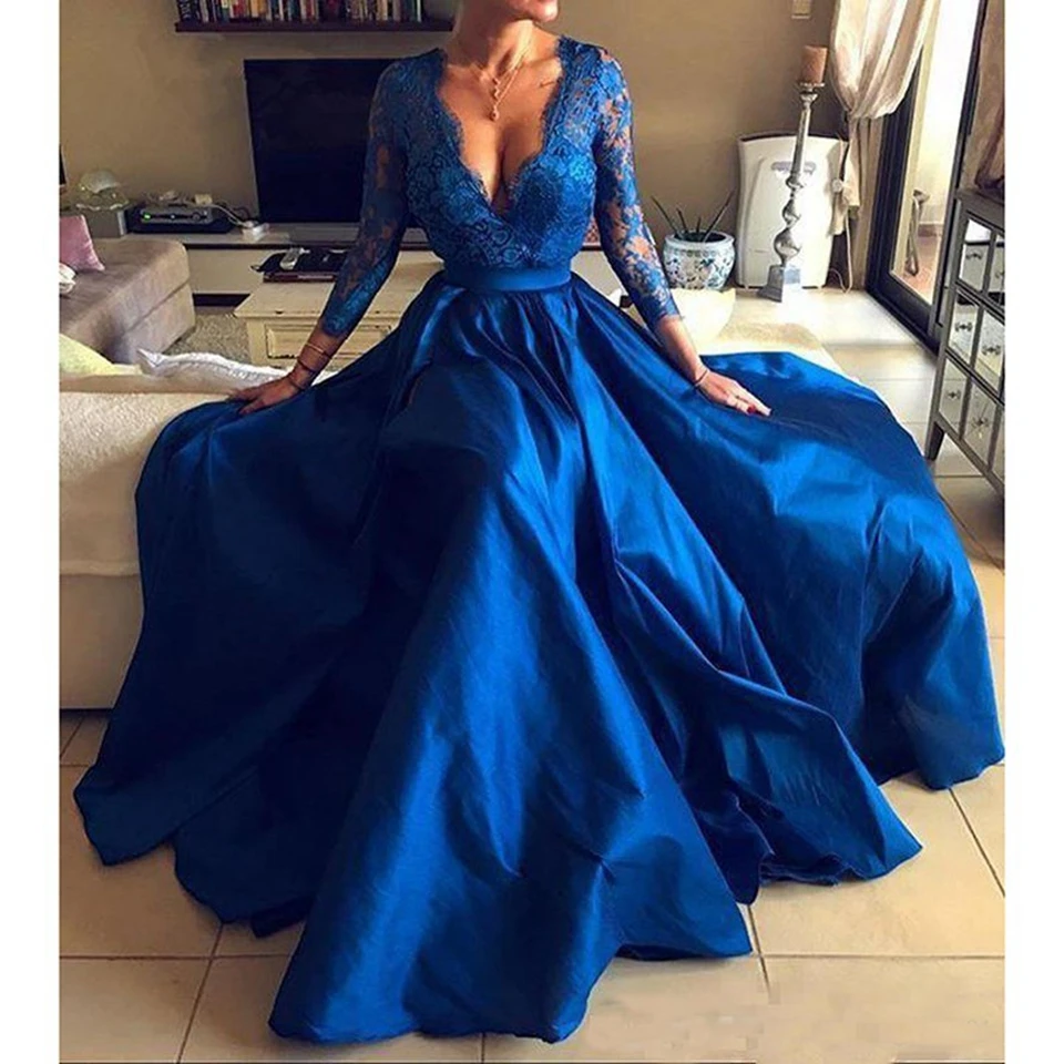 Royal A-Line Evening Dresses Women Formal Party Appliques Lace Vestido De Gala Elegant Long Sleeves V-Neck Split Side Prom Gowns